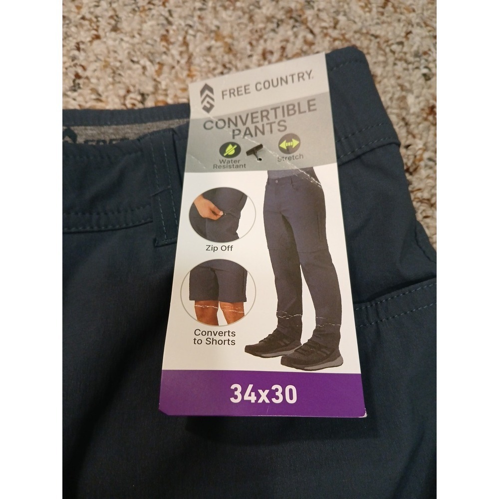 NWT Free Country Men's Nylon Stretch Convertible Pants Shorts Zip Hiking 34x30